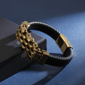 Braided black leather bracelet with golden stainless steel magnetic clasp for men
