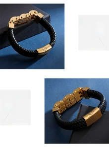 Detail of black braided leather bracelet with gold magnetic clasp and C engraving