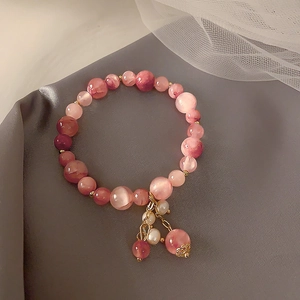 Pink Strawberry Crystal Beaded Bracelet For Women Korean Style Sweet Elastic Hand String With Artificial Pearl Flower Pendant