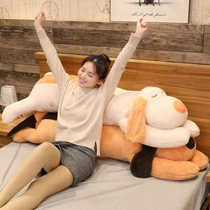 Cute large plush dog pillow for sleeping in orange and white soft fabric for home decor