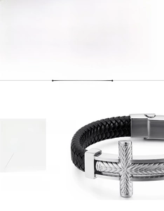 Detailed macro view of men's woven leather bracelet with stainless steel cross clasp