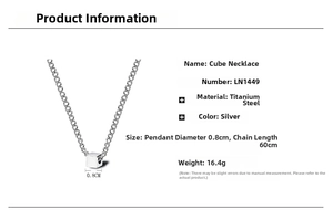 Detail view of silver titanium steel cube necklace with dimensions and technical specs