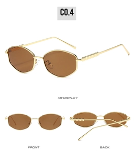Detailed multi-angle views of retro oval sunglasses with textured metal temples