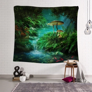 Detail of enchanted forest tapestry featuring glowing mushrooms and koi fish on wall