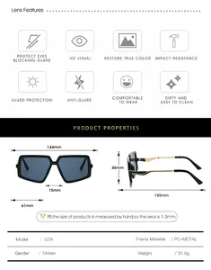 Detailed size chart for oversized trendy square sunglasses showing frame and lens dimensions