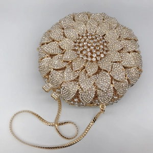 Golden sunflower evening clutch bag with sparkling rhinestones and metal chain strap