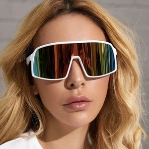 White cycling sunglasses with colorful mirrored lens on male model for outdoor sports