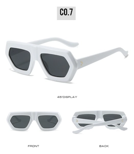 Detailed views of white chunky hexagonal sunglasses with dark grey lenses C0.7 model