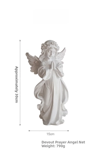 Detailed view of white praying angel resin sculpture with 30cm height and 15cm width info