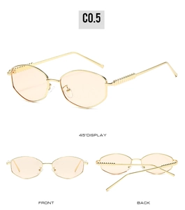Detailed views of gold metal sunglasses with hexagonal peach lenses and non-slip temple texture