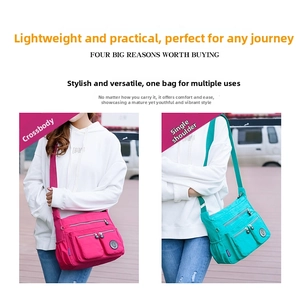 Detail view of multi-pocket waterproof nylon crossbody bags in magenta and cyan blue colors