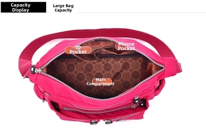 Detail view of the interior compartments showing the main bag and phone pocket