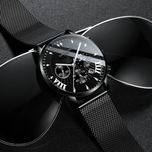 Detail of black quartz watch with mesh strap and calendar display on sunglasses