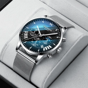 Close-up of Gadyson men's watch featuring a blue sunray dial and silver mesh steel strap