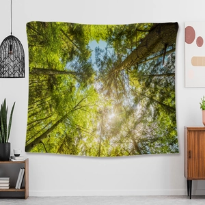 Detailed view of the forest landscape tapestry showing the vibrant green canopy and sunlight