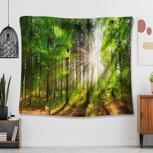 Detail of forest landscape tapestry showing vibrant morning sunlight through green trees