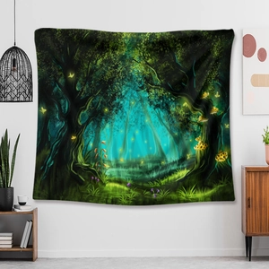 Macro shot of enchanted forest tapestry detail featuring glowing mushrooms and magic light