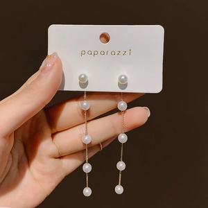 Elegant long gold chain tassel earrings with multiple white pearls for women