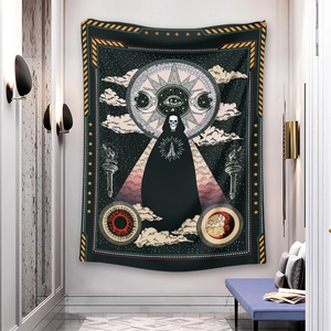 Bohemian gothic tapestry with skeleton and moon design hanging on a modern hallway wall