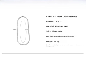 Flat snake chain necklace dimensions detail in titanium steel 55cm length and 0.6cm width