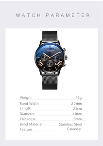 Detailed view of blue sunray dial watch with gold numerals and black mesh band