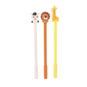 Cute cartoon animal gel pens featuring zebra, lion, and giraffe silicone toppers for school