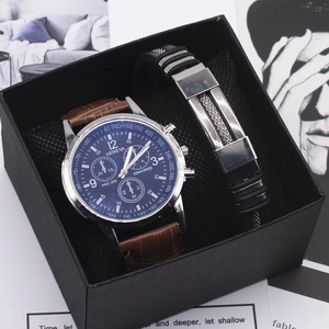 Fashion Business Men Quartz Watch Blue Light Glass Mirror With Bracelet And Wallet Gift Box Alloy Case Leather Strap Wristwatch