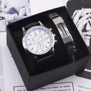 Men's fashion gift set with quartz wrist watch and black rubber metal bracelet