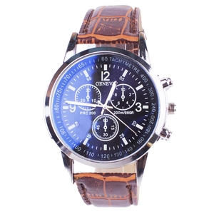 Men's business quartz watch with blue sunray dial and brown crocodile texture leather strap