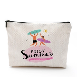 Trousse de maquillage en coton et lin beige avec imprimé Enjoy Summer et fermeture éclair