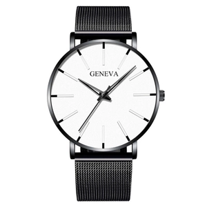 Reloj de negocios Geneva con correa de malla negra y esfera blanca minimalista