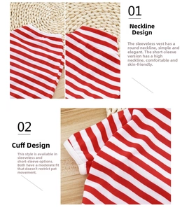 Detail of red and white striped pet vest showing necklines and cotton knit texture