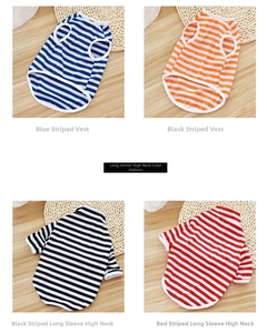 Detail showing striped pet vests and long sleeves in blue, orange, black and red colors