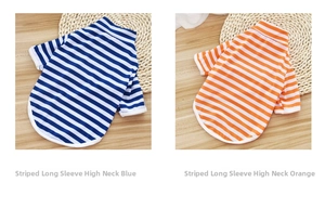 Detail of blue and orange striped high-neck cotton pet vests on a rustic wooden background