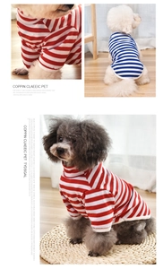 Detail of red and blue striped cotton pet vests for small dogs in a modern home setting