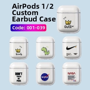 Detailed grid of transparent printed cases for AirPods 1/2 with various artistic patterns