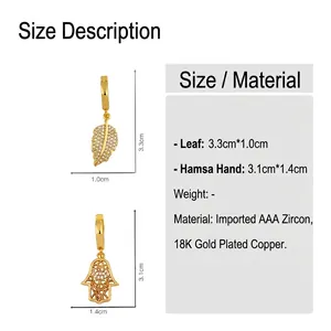 Guía de tallas para pendientes de hoja de 3,3 cm con circón de primera y baño de oro 18K