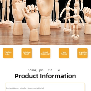 Detail of articulated wooden hand and mannequin figures with flexible movable joints