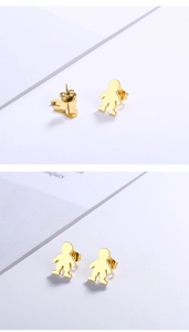 Detailed front and back view of golden boy-shaped polished stainless steel stud earrings