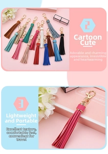 Detailed view of colorful PU leather tassel keychains with gold lobster clasps in various shades