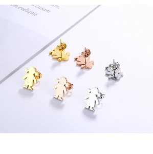 Three pairs of girl-shaped stud earrings in polished gold, rose gold and silver finish