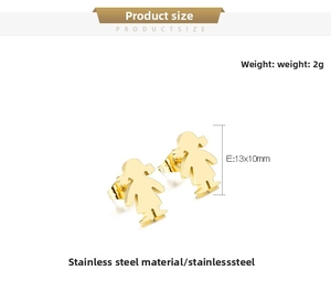 Detailed view of gold-plated stainless steel girl silhouette stud earrings, 13x10mm size