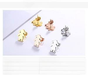 Detailed specs for cartoon girl earrings in gold, silver, and rose gold stainless steel