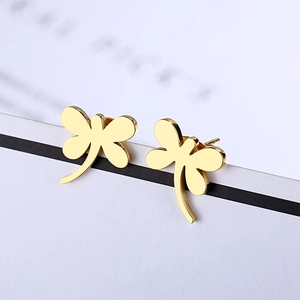 Polished gold dragonfly stud earrings in minimalist stainless steel for women