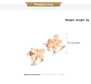 Detail view of 12x12mm stainless steel dragonfly stud earrings in rose gold finish