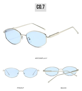 Multi-angle view showing silver metal frames and light blue lenses of retro sunglasses