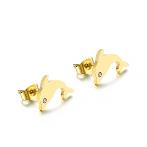 Polished golden dolphin earrings in stainless steel with crystal eye on white background