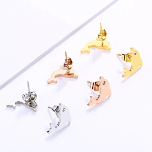 Three pairs of dolphin stud earrings in gold, rose gold and silver stainless steel