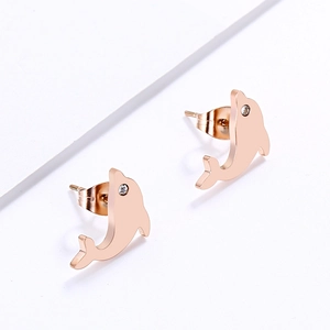 Elegant rose gold dolphin stud earrings with zircon accent and polished finish