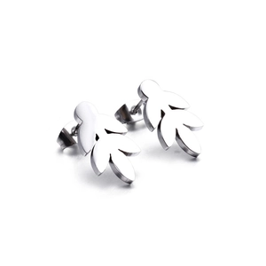 Elegant silver titanium steel leaf earrings with sparkling stones on white background